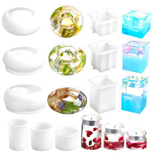 Nuanchu Candle Holder Resin Molds, 9 Pcs Cylindrical Square and Round Tealight Candle Holder Silicone Molds, Candlestick Epoxy Resin Molds for DIY Dining Table Centerpiece Home Wedding Decorations