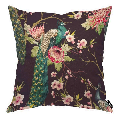 AOYEGO Peacock On Cherry Tree Throw Pillow Cover Beautiful Bird Feather Wings Floral Branch Botanical Pillow Case 18x18 Inch Decorative Cotton Linen Square Cushion for Home Couch Bed
