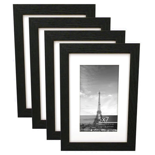 DUCIHBA 5x7 inch or 3.5x5.5 with Mat Picture Frame Collage set, Tabletop or Wall Mount Vertically or Horizontally Photo Display, Real Glass Acid Free Mat, Black Grain Wood Veneer Molding, 4 Pack