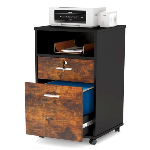 TRIBESIGNS WAY TO ORIGIN Mobile File Cabinet with Lock, 2 Drawer Wood Filing Cabinet for Letter Size, Modern Printer Stand with Rolling Wheels Open Storage Shelf for Home Office (Brown)