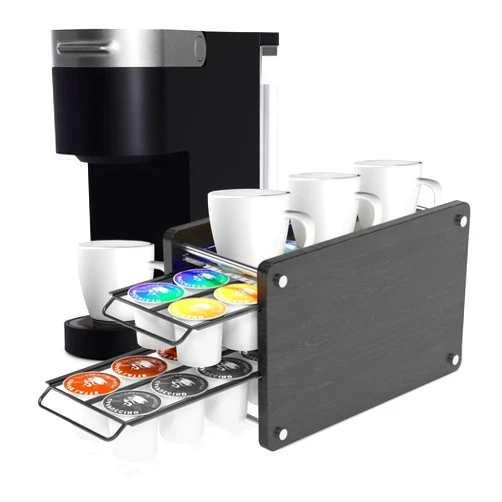 Ibyx Сoffee Pod Holders for K Cups - 2 Tier Coffee Pod Sliding Drawer for 20 K Cups Storage Capacity - Elegant Plexiglass Top and Metallic Coffee Pod Rack - Kitchen Counter Organizer (Black)