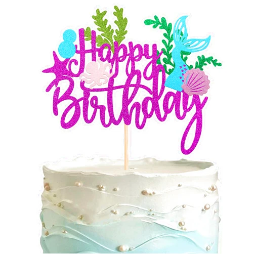 ZHUOWEISM 1 PCS Mermaid Happy Birthday Cake Topper Glitter Seaweed Seashell Octopus Starfish Mermaid Tail Cake Pick for Under the Sea Theme Baby Shower KidsBirthday Party Cake Decorations Supplies Purple