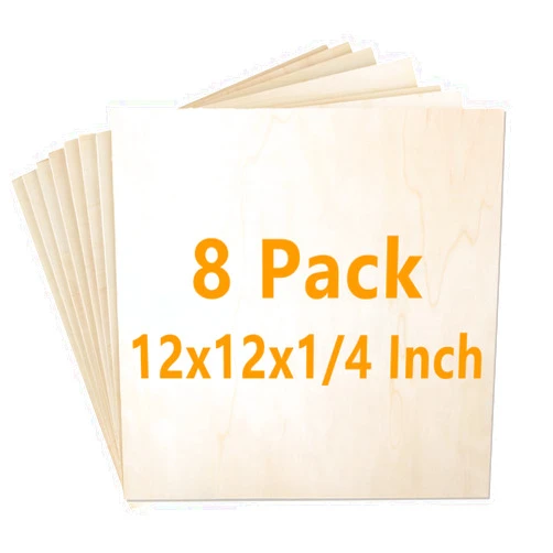 Acrux7 8 Pack 12 x 12x 1/4 Inch Baltic Birch Plywood 6mm Birch Wood Sheets Unfinished Wood Squares Wood Board for Painting, DIY Project, Wood Burning, Architectural Model, Laser Cutting and Engraving