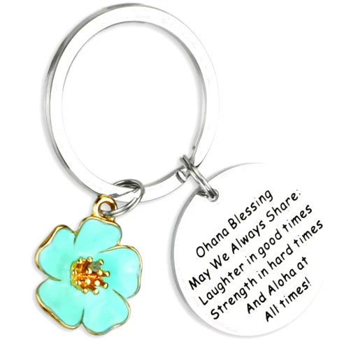 AHAETH Ohana Keychain Hawaiian Flower Keychain Blessing Gifts Hibiscus Charm Keychain Hawaiian Ohana Jewelry Gift for Family Hawaii Gifts for Women Ohana Jewelry Stainless-steel