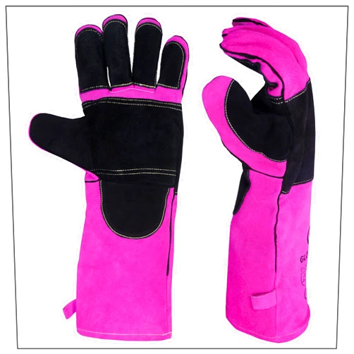 Gloves Nation Ladies BBQ/Welding Leather Gloves, Fire Resistance Gloves, MIG/TIG Welding Gloves, 16 inches with long Sleeves, Pink/Black