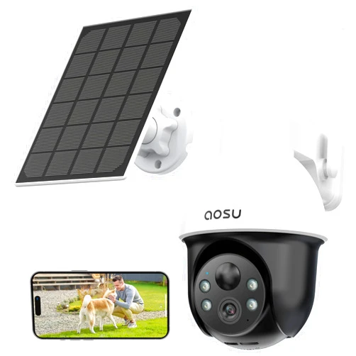 AOSU Solar Security Camera Wireless Outdoor System, 3K/5MP Battery Powered WiFi Camera for Home Security, Panoramic PTZ, Auto Tracking, Human/Vehicle Detection, Night Vision, Spotlights, 2-Way Talk