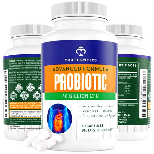 TRUTHENTICS Probiotic 40 Billion CFU with Prebiotics - Bifidobacterium Lactobacillus Acidophilus Paracasei Probiotics for Men & Women - Shelf Stable - 60 Vegan Capsules