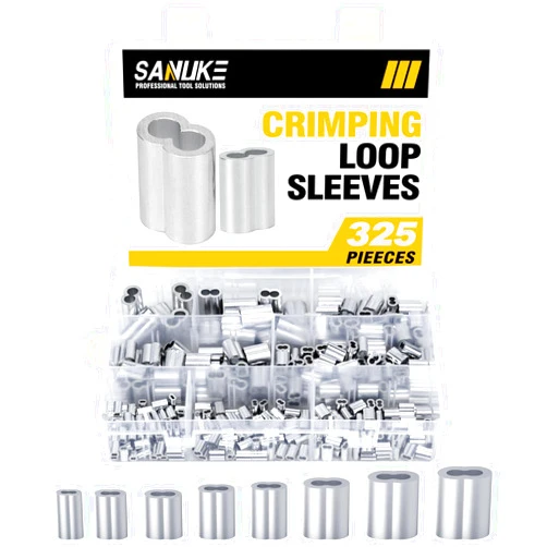 Sanuke 325pcs Wire Rope Sleeves Aluminum Crimping Loop Sleeves, 8 Sizes 3/64'' 1/16'' 5/64'' 3/32'' 1/8'' 5/32'' 3/16'' 1/4'' Double Cable Ferrules Kit