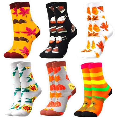 JenPen 6 Pairs Fall Socks for Women Thanksgiving Socks Novelty Holiday Socks Fuzzy Pumpkin Autumn Christmas Black Turkey Maple Leaves Pines Socks for Women Men Girls