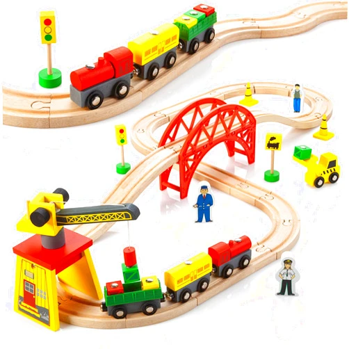 Kipipol Wooden Train Sets for Boys 2-4-7 – 38 Pcs Wood Train Set for Toddlers w/Crane, Bridge & Wooden Train Tracks – Train Toys for 3 Year Old Boys & Girls – Fits Thomas Brio IKEA Melissa and Doug