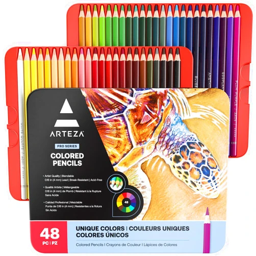 ARTEZA Colored Pencils, 48 Wax-Based Color Pencils, Vibrant Coloring Pencils in Tin Box for Adults, Professional Art Supplies