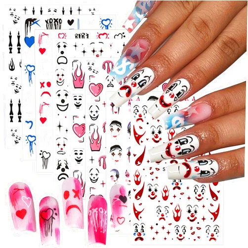 OSTTMA 8 Sheets Clown Nail Art Stickers 3D Halloween Nail Decals Horror Gothic Nail Stickers Scary Ghost Funny Clown Nail Decals with Blood Heart Flame Nail Designs Halloween Nail Art Supplies for Women