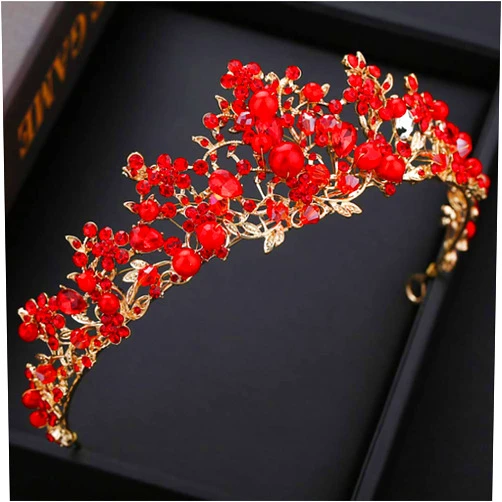 Ibliss Baroque Wedding Crown Crystal Flower Bride Tiaras Queen Rhinestones Beads Costume Prom Hair Accessories for Women and Girls (Red）