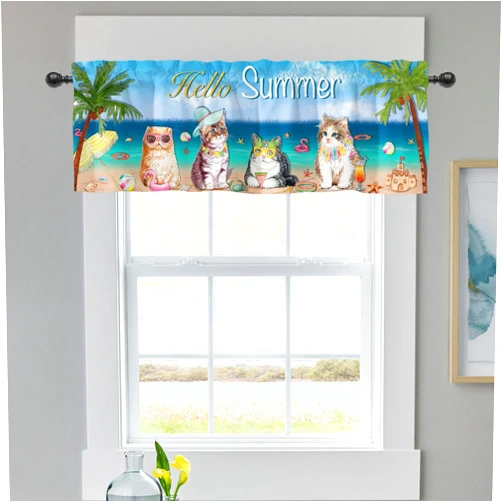 GHUNT Hello Summer Beach Cat Kitchen Curtains Valance for Windows, Blue Hawaii Tropical Coconut Tree Funny Kitty Short Half Topper Rod Pocket, Seasonal Coastal Home Living Room Bedroom Decor 54 x 18