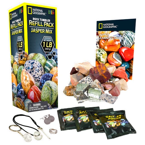 Blue Marble National Geographic Rock Tumbler Refill Kit - 1 Lb. Jasper Rocks for Tumbling - 8 Varieties Including Mookaite and Kabamba - Rock Tumbler Supplies Include Rock Tumbler Grit and Jewelry Accessories