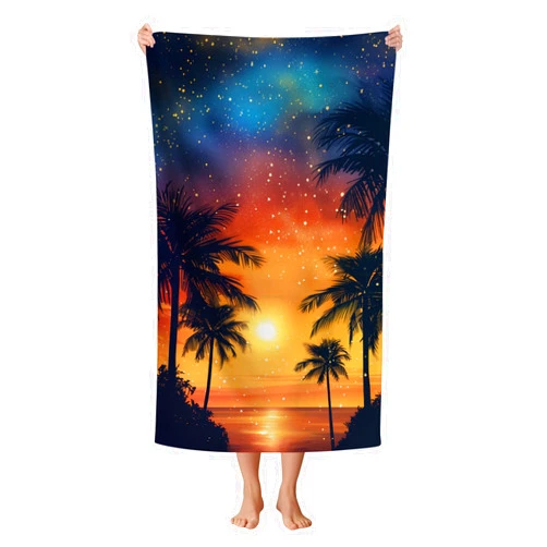 WZOMT Microfiber Beach Towel Oversized Summer Palm Tree Sunset Bath Towels, Orange Blue Black Sand-Free Absorbent Quick Dry Towels for Swim/Pool/Surf/Travel/Yoga, 32