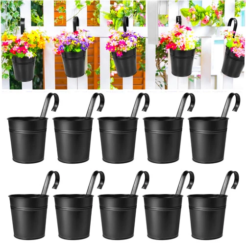 OGIMA 10pcs Hanging Flower Pots, Metal Iron Wall Planter Indoor/Outdoor for Railing Fence Balcony Garden Home Decoration with Detachable Hooks