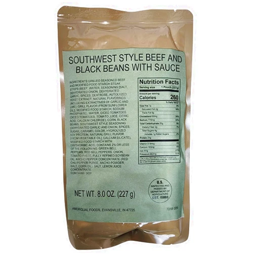 Military Outdoor Clothing MRE(Meal-Ready-to-Eat) Entre: Southwest Style Beef And Black Beans With Sauce (1 Pack)