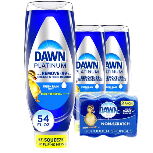 Dawn Dish Soap Squeeze Bottle, EZ-Squeeze Platinum Dish Soap Liquid+Non-Scratch Sponges for Dishes, Fresh Rain, Includes 3x18oz Bottles+2 Sponges