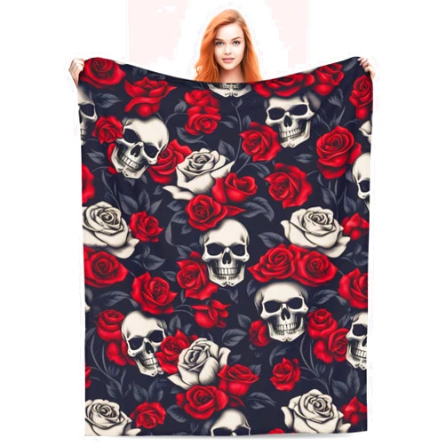 VODRM Horror Skull Blanket Gifts for Kids Adults Soft Warm Lightweight Cozy Red Rose White and Black Skulls Throw Blankets for Bed Living Room Sofa Couch Birthday Goth Decor 60x80in