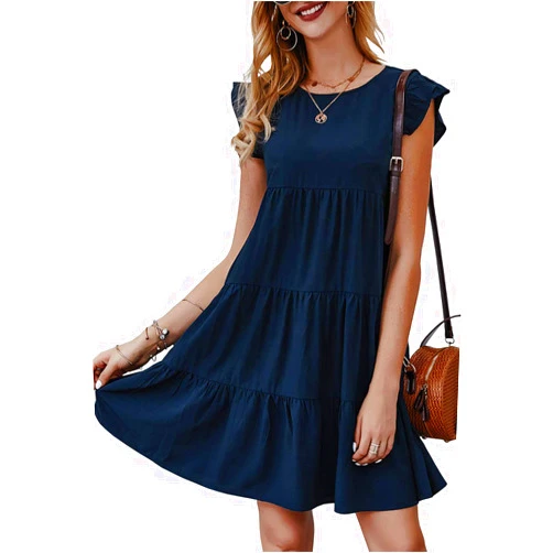 KIRUNDO Women's Summer Dresses Sleeveless Ruffle Sleeve Round Neck Solid Loose Short Flowy Pleated Mini Babydoll Dress