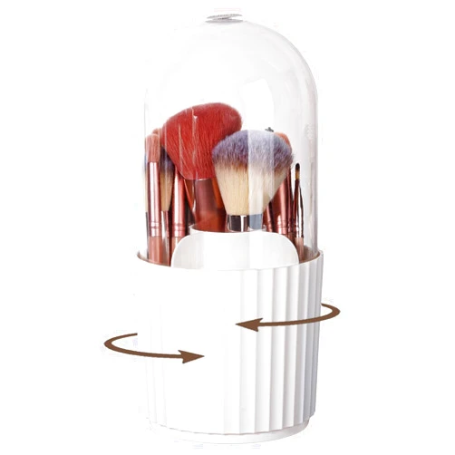 Anyoifax Makeup Brush Holder Organizer with Acrylic Lid 360°Rotating Dustproof Make Up Brushes Container for Vanity, Spinning Cosmetics Storage Cup, Stripe White
