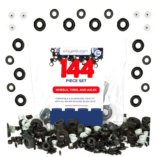 Play Platoon 144 Piece Wheels and Axles Sets, Building Bricks Car Parts and Pieces Kit - Car Building Set with Wheels, Axles & Windshields