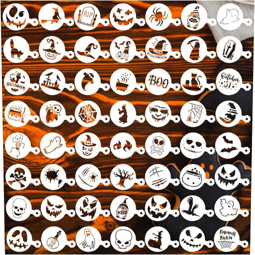 Qumenan 56 Pcs Halloween Cake Cookie Stencils Small Halloween Stencils Holiday Stencils Reusable Cake Stencils for Bread Food Dessert Craft (Halloween)