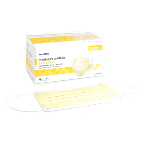 McKesson Medical Face Masks, Level 1 - Pleated with Ear Loops, Non-Sterile, Yellow - One Size Fits Most Adults, 7 in x 3.75 in, 50 Count, 1 Pack
