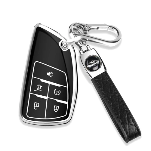 QBUC for Chevy Key Fob Cover with Keychain Soft TPU Protection Case Compatible with 2021-2026 Chevy Equinox Blazer Tahoe Suburban GMC Yukon Denali Silverado 5-Buttons(Chrome Trim Black)