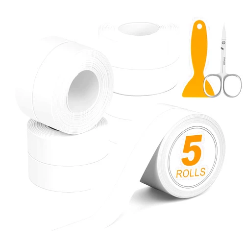 ESRICH White Caulk Tape,5 Rolls of PVC Caulk Tape Waterproof Self Adhesive, Sealing Caulk Strip for Toilet, Bathtub, Kitchen, Countertop,Sink,Wall Tile Edge Peel and Stick Caulk Sealing Tool (1.5