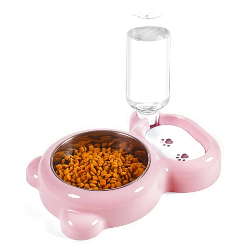 Azwraith Dog Bowls, Cat Food and Water Bowl Set with Water Dispenser and Stainless Steel Bowl for Cats and Small Dogs - Pink
