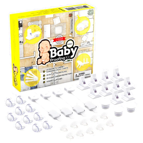 Babylyzz Complete Baby Proofing Kit – Easy Install, Super 3M Adhesive 10 Magnetic Cabinet Locks, 3 Keys, 10 Clear Corner Protectors, 10 Outlet Covers & 4 Cabinet Door Latches, No Drill Required Safety Set