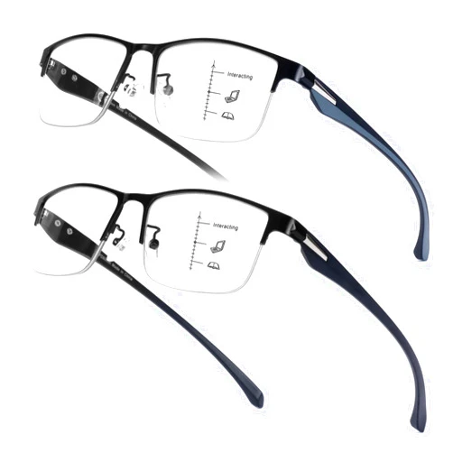 SKYOAK 2 Pack Premium Quality Progressive Multifocus Half Frame Reading Glasses for Men, No-Line Blue Light Blocking Computer Readers Multifocal Eyeglasses with TR90 Temples, Black and Gunmetal +1.5x