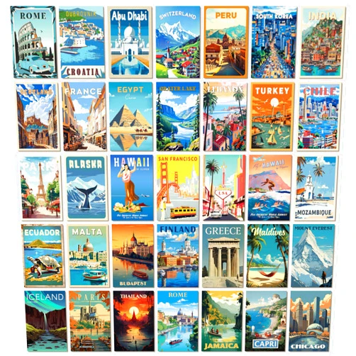 97 Decor Vintage Travel Decor - Travel Posters Wall Art Prints, Vintage Postcards from Around The World, City Landscape Aesthetic Pictures Retro Popular Cities Photo Collage Kit for Teen Bedroom (4x6)