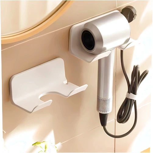SUPTEC Universal Hair Dryer Holder, Blow Dryer Hanger Wall Mount for Hair Dryer Hook with Plug&Cord Organizer Self Adhesive for Cabinet Bathroom(1 Pack White)