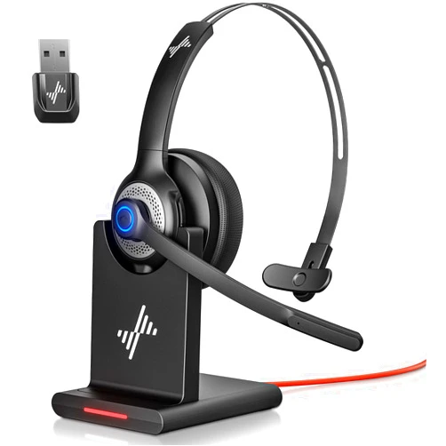 JIAMQISHI Bluetooth Headset - Wireless Headset with Noise Cancelling Microphone, V5.2 Computer Headphones with USB Dongle, Charging Base & Mic Mute for Work/Call Center/PC/Laptop/Online Class/Zoom