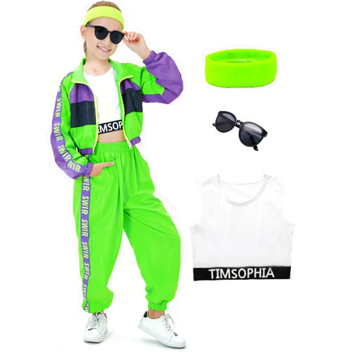 TIMSOPHIA Hip Hop Dance Costume, 5 Pcs Dance Outfit for Girls, Modern Jazz Team Performance Clothes, Girls Dance Wear Sets
