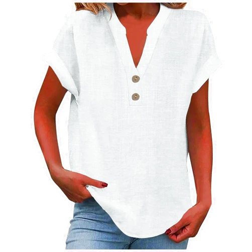 Floleo Linen Shirts for Women V Neck Button Down Blouse Short Sleeve Office Work Tops Vintage Vacation Tees Shirt Blouse Tops