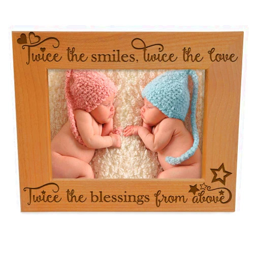 KATE POSH - Twice The Smiles, Twice The Love, Twice The Blessings from above - Engraved Natural Wood Picture Frame - Twins photo frame, Twins gifts for babies, Twins gifts for mom (4x6-Horizontal)