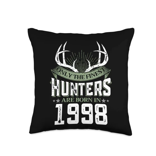 Finest Hunting Birthday Party Hunting Theme Co. 25th Birthday Deer Hunter Tee Born in 1998 25 Year Old Throw Pillow, 16x16, Multicolor