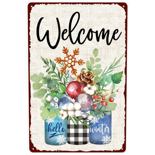 Whaline Retro Tin Sign Winter Mason Jar Metal Sign Plants Snowflake Wall Art Decor Welcome Christmas Ornaments Iron Plaque Sign for Club Bar Garage Wall Decor, 12 x 8 Inch