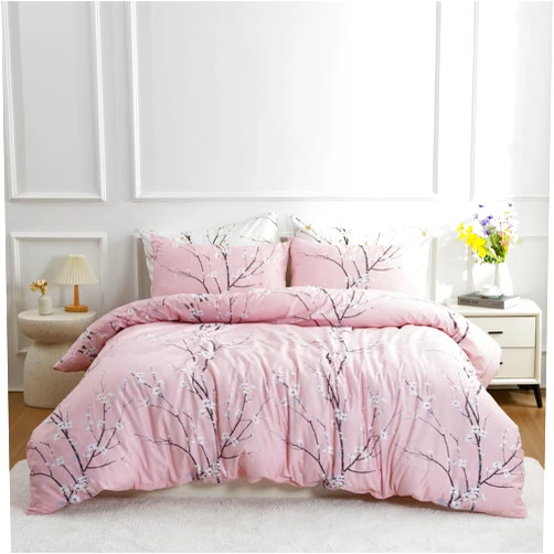 mixinni Pink Comforter Set Queen Size-Tree Branch Bloom Flower Pattern Printed Bedding Sets Cute Floral Soft Fluffy Comforter with 2 Pillowcases, Botanical Bed Set for All Season