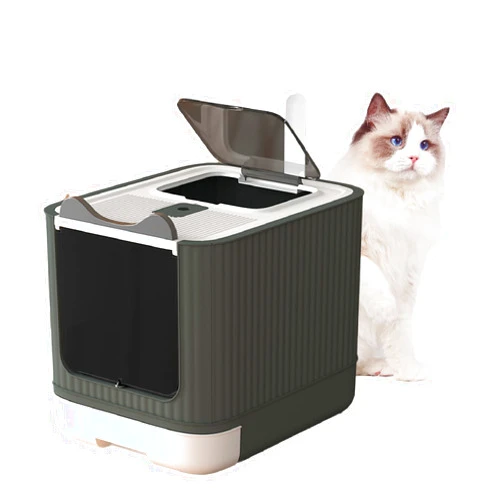 LCZLBRRD Fully Enclosed Cat Litter Box Top Entry, Upgraded Covered Litter Box with Lid, Anti-Splashing Easy to Clean Covered Kitty Litter Box, 3 Modes Cat can Use from Kitten to Adult(White&Grey)