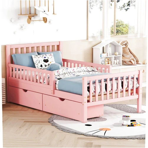 NCKMYB Kids Twin Bed with Guardrails, Low Platform Bed with Headboard and Footboard, Pink Children Bed Frame with 2 Drawers for Boy Girl