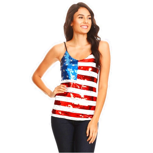 Anna-Kaci Womens Patriotic USA Flag American Sequin V Neck Cami Tank Top