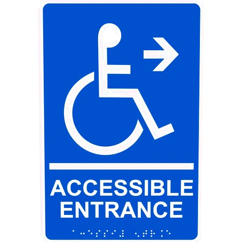 ComplianceSigns.com Accessible Entrance Right Sign, ADA-Compliant Braille and Raised Letters, 9x6 inch Blue Acrylic with Mounting Strips