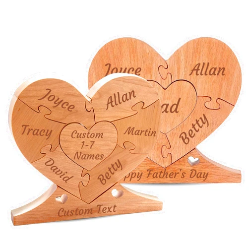 HJX Personalized Gift for Dad Grandpa,Personalized Wooden Heart Puzzle with 1-7 Family Names Custom Engraved Heart Decor Puzzle Gifts