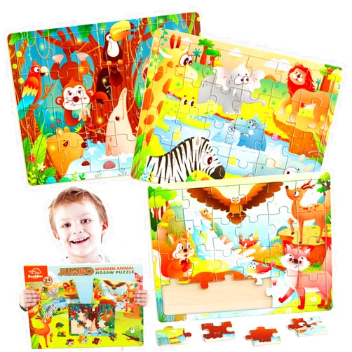 Zeoddler Jumbo Wooden Puzzles for Toddlers, 24 Pieces Animal Jigsaw Puzzles for Kids3-5, 3 Pack Preschool Learning Activities, Learning & Educational Toys, Gift for Boys, Girls