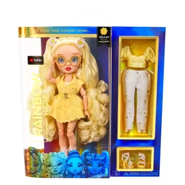 Rainbow High Delilah Fields- Buttercup Yellow Fashion Doll with Albinism & Glasses. 2 Designer Outfits to Mix & Match with Accessories, Great Gift for Kids 6-12 Years Old, Multicolor, 578307